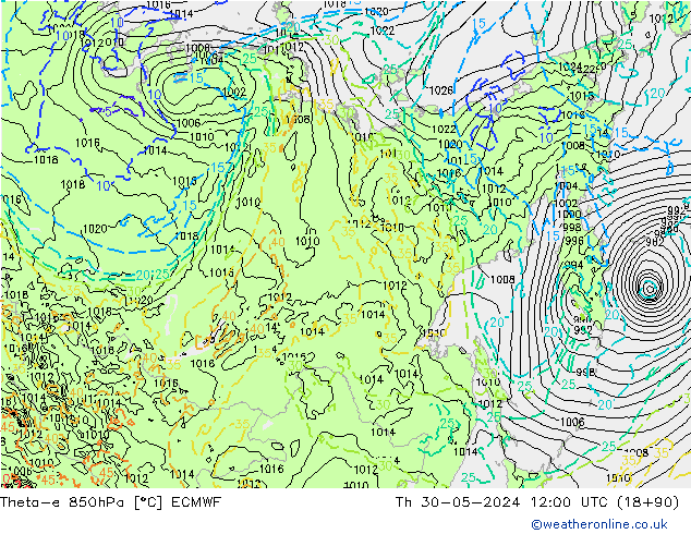 Theta-e 850hPa ECMWF do 30.05.2024 12 UTC