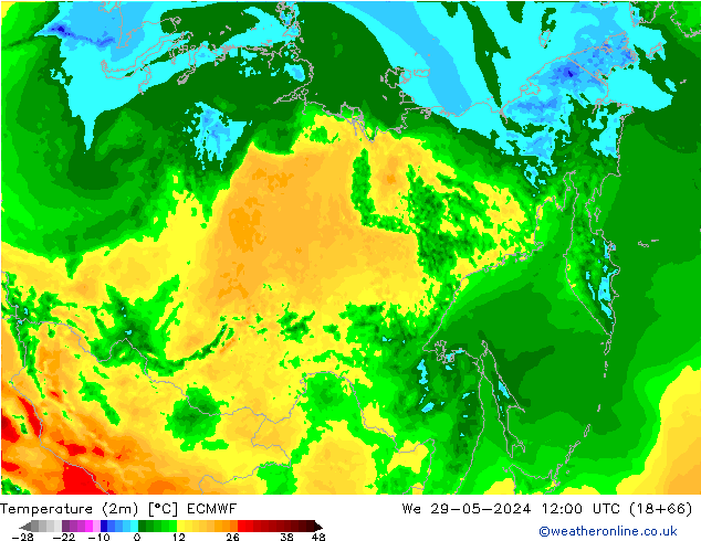 Temperatuurkaart (2m) ECMWF wo 29.05.2024 12 UTC