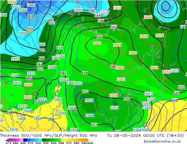 Dikte 500-1000hPa ECMWF di 28.05.2024 00 UTC