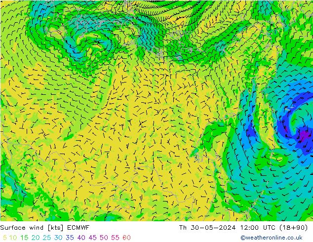 Vento 10 m ECMWF Qui 30.05.2024 12 UTC