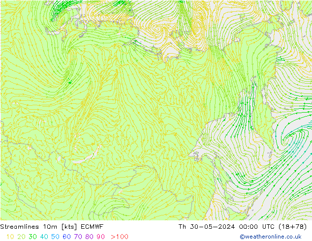 Stroomlijn 10m ECMWF do 30.05.2024 00 UTC