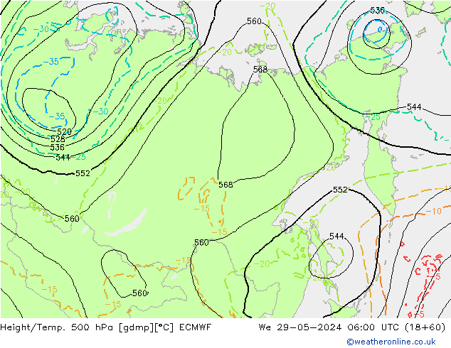 Z500/Rain (+SLP)/Z850 ECMWF mer 29.05.2024 06 UTC