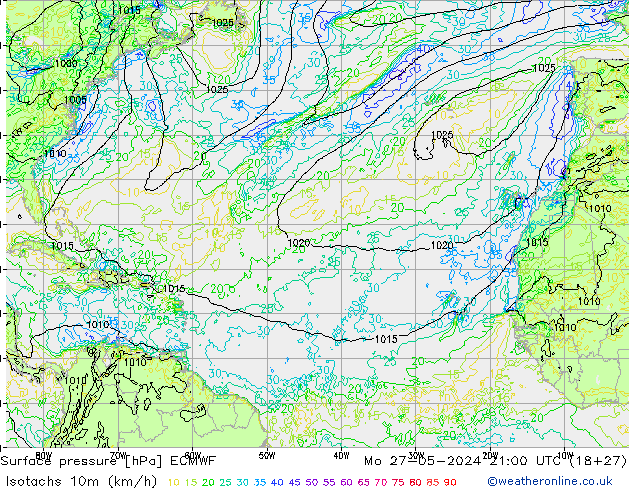 Isotachs (kph) ECMWF Mo 27.05.2024 21 UTC