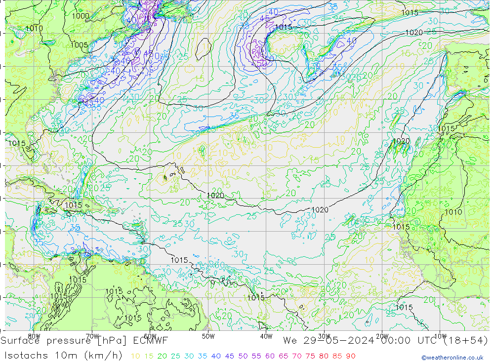 Isotachs (kph) ECMWF Qua 29.05.2024 00 UTC