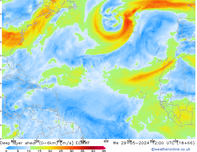 Deep layer shear (0-6km) ECMWF We 29.05.2024 12 UTC