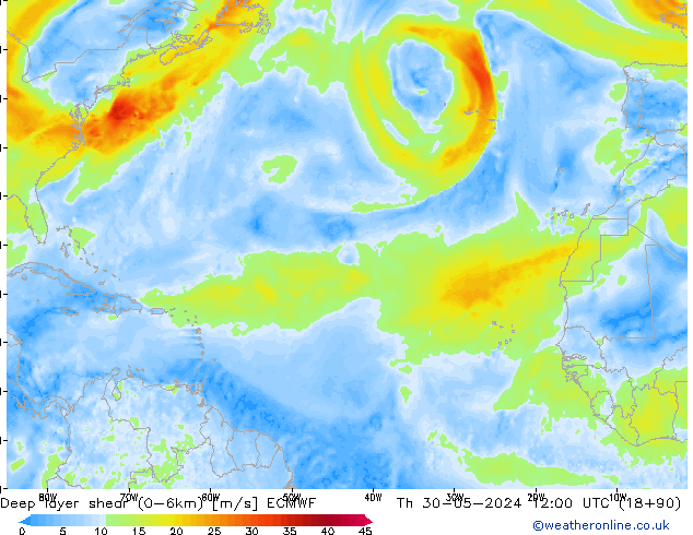 Deep layer shear (0-6km) ECMWF Th 30.05.2024 12 UTC