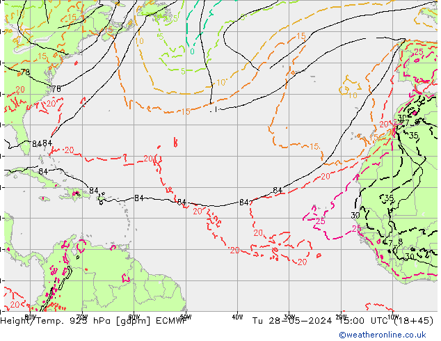 Height/Temp. 925 hPa ECMWF Út 28.05.2024 15 UTC