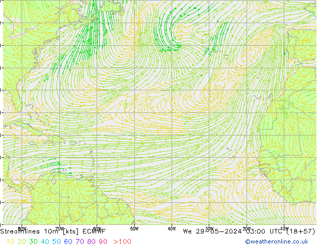 Stroomlijn 10m ECMWF wo 29.05.2024 03 UTC