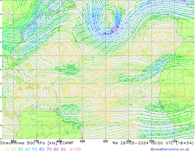 Linia prądu 500 hPa ECMWF śro. 29.05.2024 00 UTC