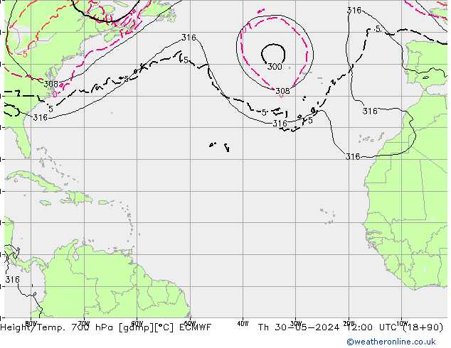 Height/Temp. 700 hPa ECMWF  30.05.2024 12 UTC