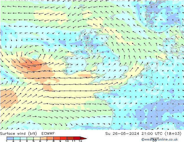 Surface wind (bft) ECMWF Su 26.05.2024 21 UTC