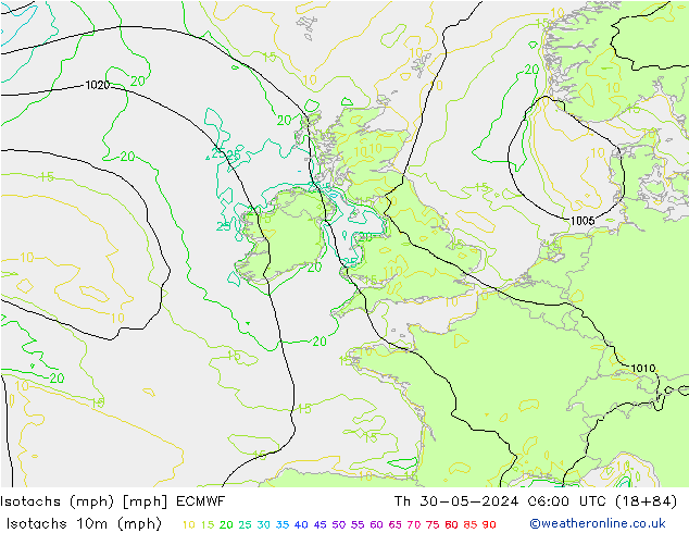 Isotachen (mph) ECMWF Do 30.05.2024 06 UTC