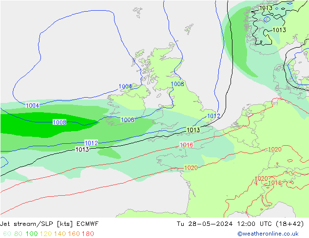 Jet stream/SLP ECMWF Tu 28.05.2024 12 UTC