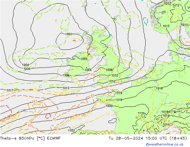 Theta-e 850hPa ECMWF mar 28.05.2024 15 UTC