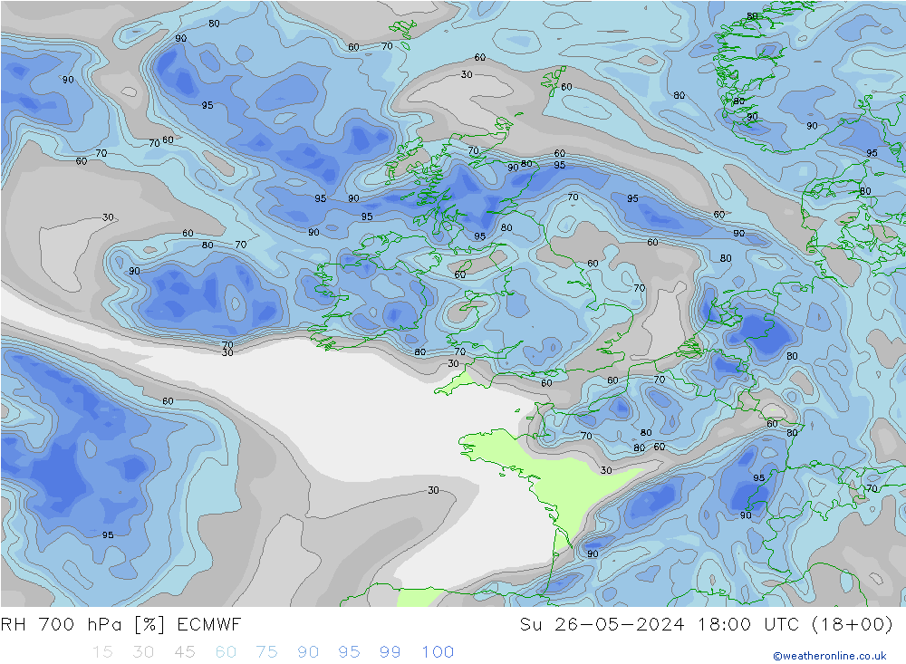 RH 700 hPa ECMWF dom 26.05.2024 18 UTC