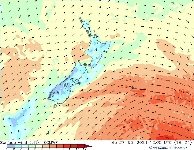 Wind 10 m (bft) ECMWF ma 27.05.2024 18 UTC