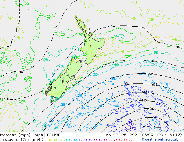 Izotacha (mph) ECMWF pon. 27.05.2024 06 UTC