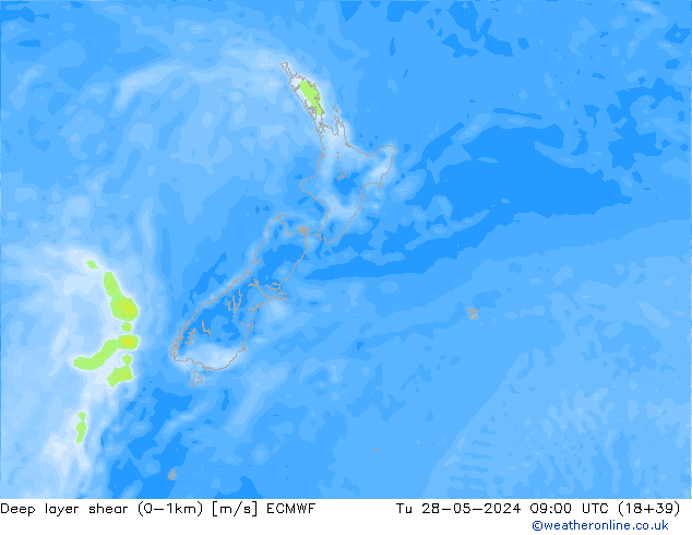 Deep layer shear (0-1km) ECMWF di 28.05.2024 09 UTC