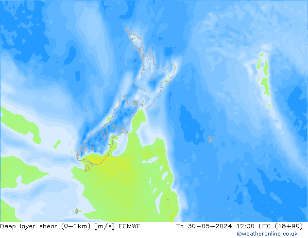 Deep layer shear (0-1km) ECMWF Do 30.05.2024 12 UTC