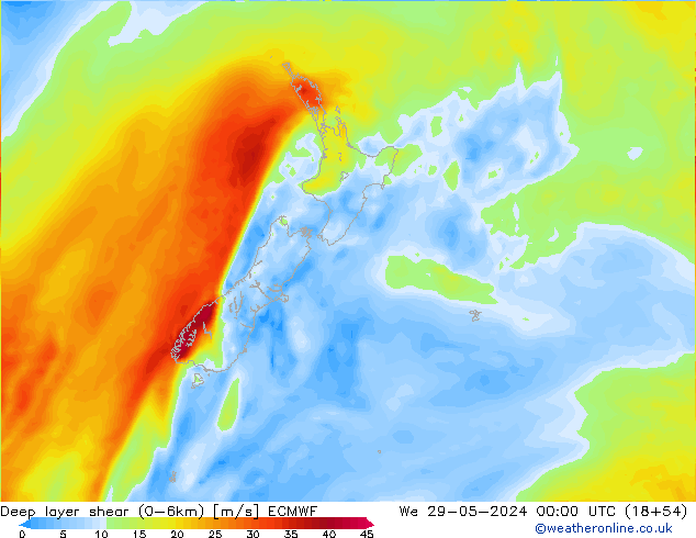 Deep layer shear (0-6km) ECMWF ср 29.05.2024 00 UTC