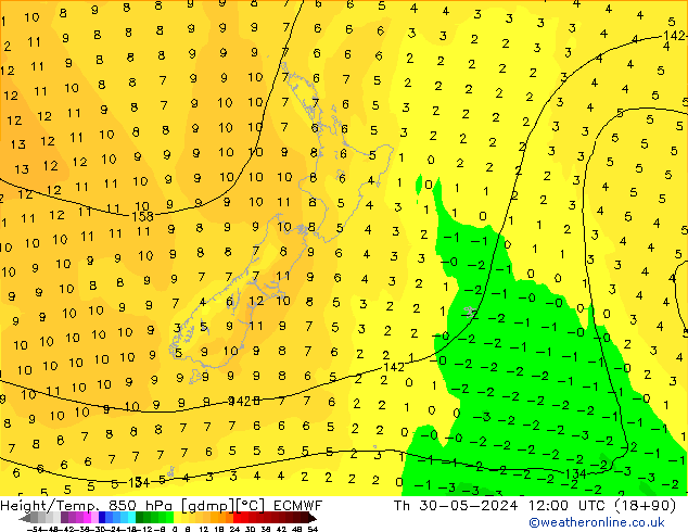 Z500/Rain (+SLP)/Z850 ECMWF gio 30.05.2024 12 UTC