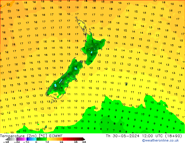 Temperatuurkaart (2m) ECMWF do 30.05.2024 12 UTC