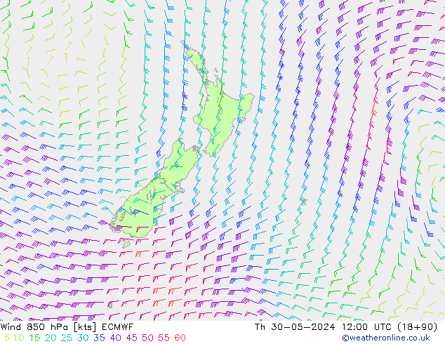 wiatr 850 hPa ECMWF czw. 30.05.2024 12 UTC