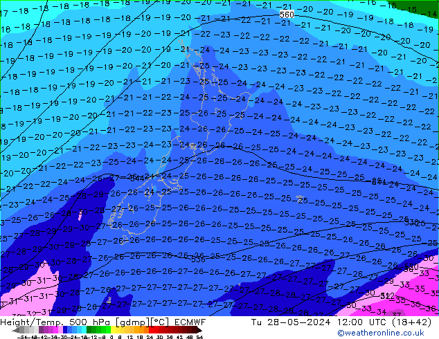 Z500/Rain (+SLP)/Z850 ECMWF Tu 28.05.2024 12 UTC