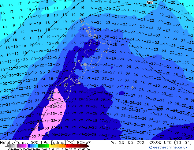 Z500/Rain (+SLP)/Z850 ECMWF We 29.05.2024 00 UTC