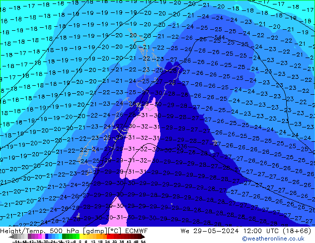 Z500/Rain (+SLP)/Z850 ECMWF śro. 29.05.2024 12 UTC