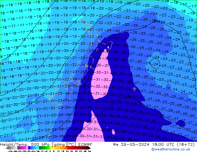 Z500/Rain (+SLP)/Z850 ECMWF ср 29.05.2024 18 UTC