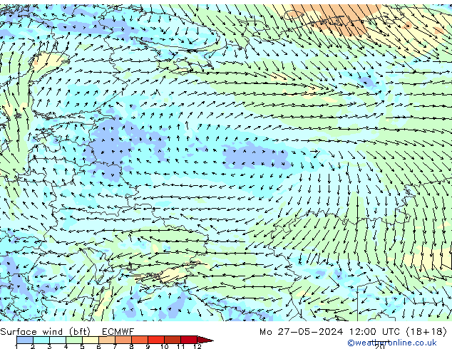 Vento 10 m (bft) ECMWF lun 27.05.2024 12 UTC