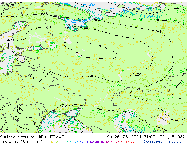 Isotachs (kph) ECMWF Dom 26.05.2024 21 UTC