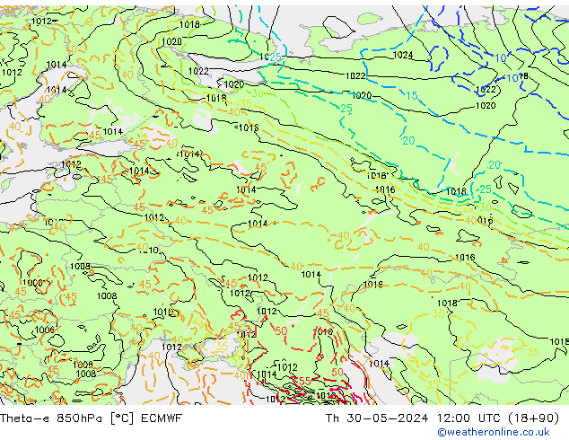 Theta-e 850hPa ECMWF Qui 30.05.2024 12 UTC