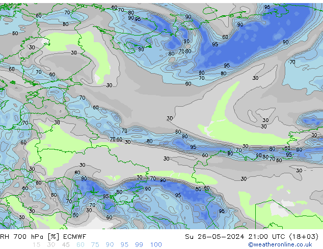 RH 700 hPa ECMWF Su 26.05.2024 21 UTC