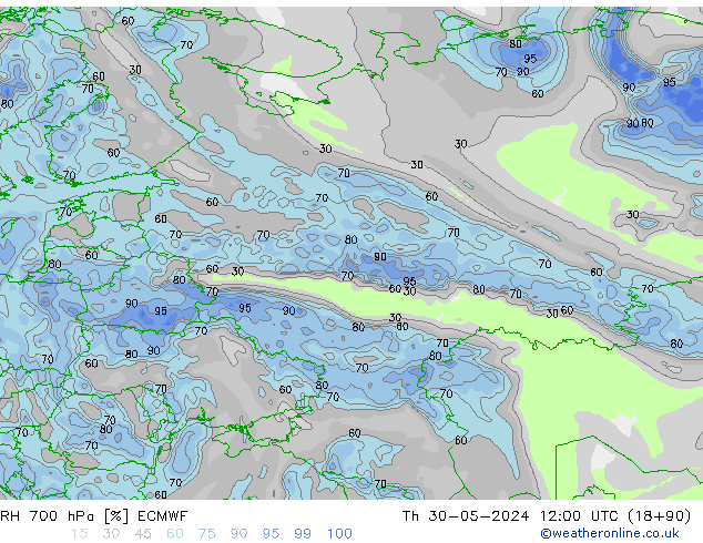 RH 700 hPa ECMWF Čt 30.05.2024 12 UTC