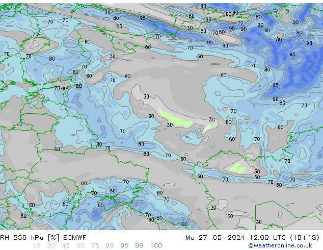 RH 850 hPa ECMWF lun 27.05.2024 12 UTC