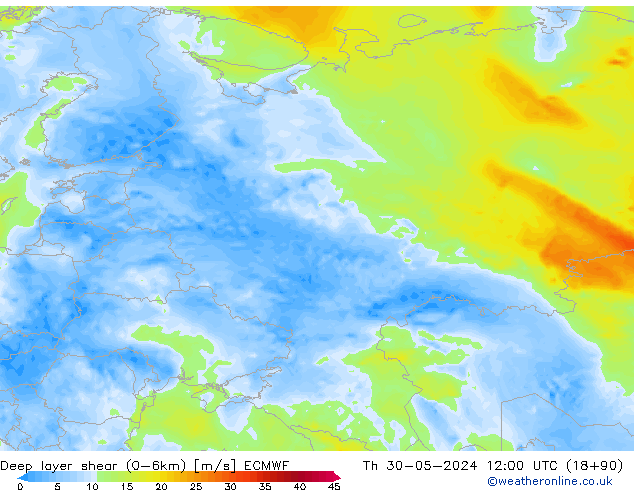 Deep layer shear (0-6km) ECMWF do 30.05.2024 12 UTC