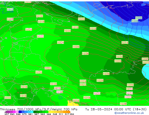 Thck 700-1000 hPa ECMWF mar 28.05.2024 00 UTC