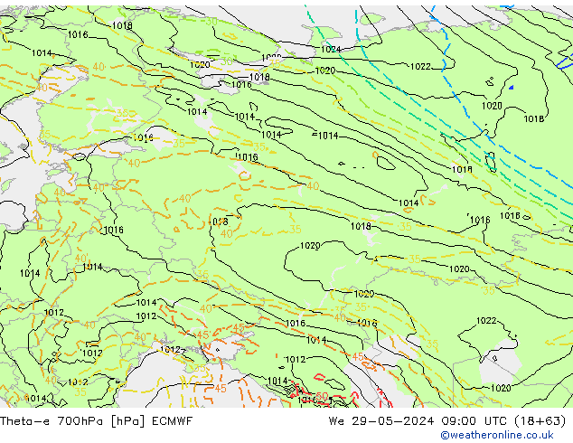 Theta-e 700hPa ECMWF mer 29.05.2024 09 UTC