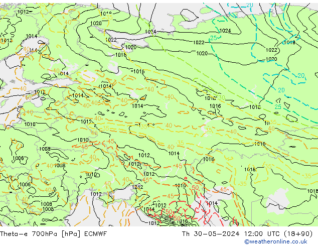 Theta-e 700hPa ECMWF Per 30.05.2024 12 UTC