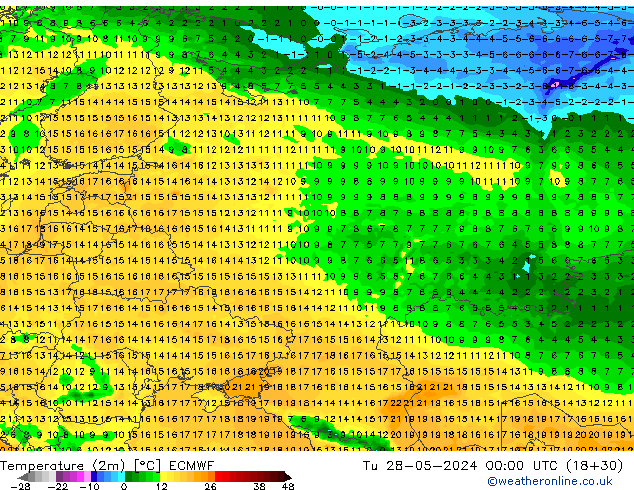 Temperatura (2m) ECMWF mar 28.05.2024 00 UTC