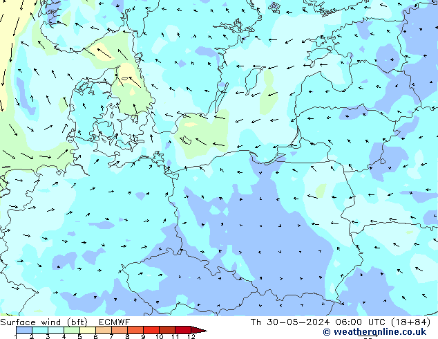 Surface wind (bft) ECMWF Th 30.05.2024 06 UTC