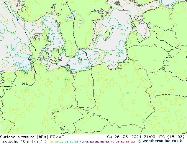 Eşrüzgar Hızları (km/sa) ECMWF Paz 26.05.2024 21 UTC