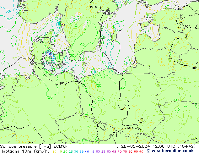 Isotaca (kph) ECMWF mar 28.05.2024 12 UTC