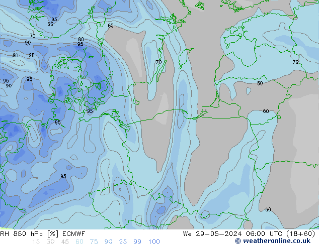 RH 850 hPa ECMWF We 29.05.2024 06 UTC