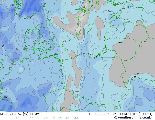 RH 850 hPa ECMWF gio 30.05.2024 00 UTC