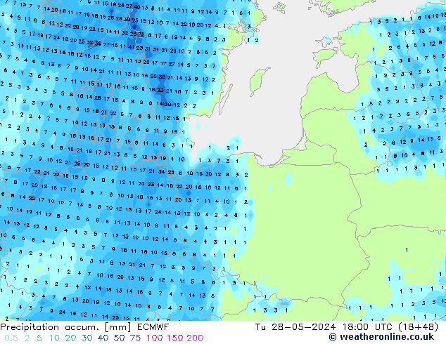 Precipitation accum. ECMWF Tu 28.05.2024 18 UTC