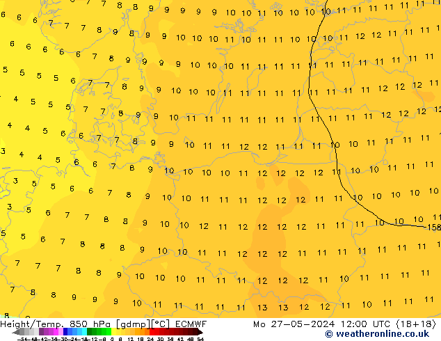 Height/Temp. 850 hPa ECMWF pon. 27.05.2024 12 UTC