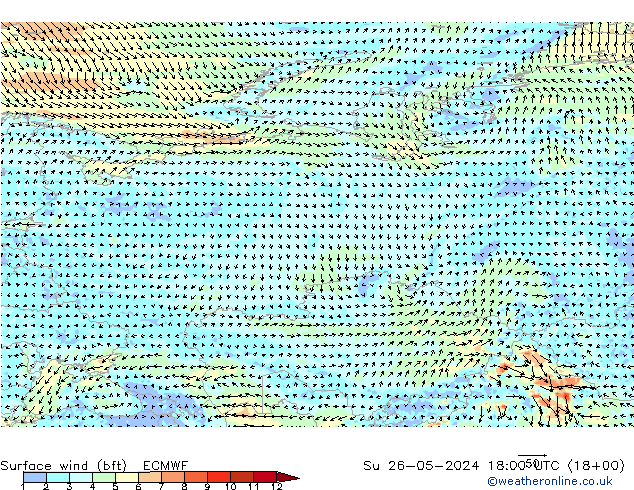 Wind 10 m (bft) ECMWF zo 26.05.2024 18 UTC